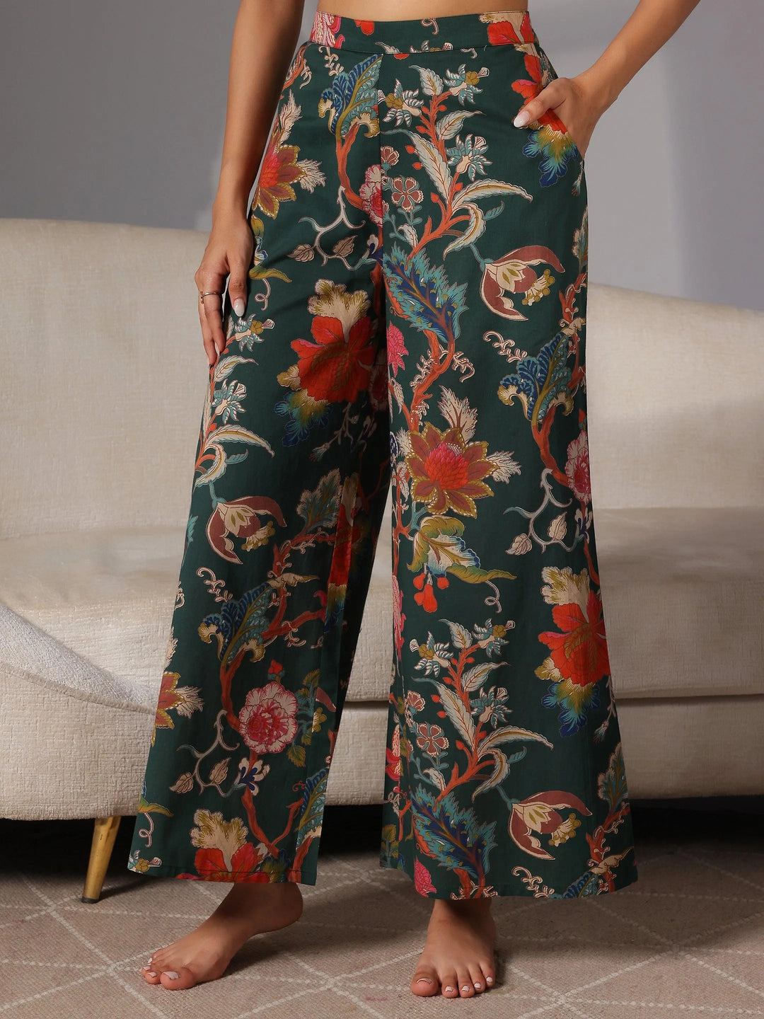 Green Printed Cotton Night Suits - Libas 