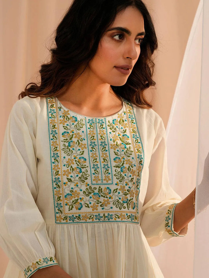 Off White Yoke Design Cotton A-Line Kurti - Libas