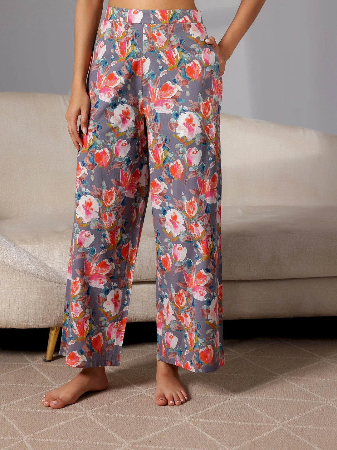Grey Printed Cotton Night Suits - Libas 