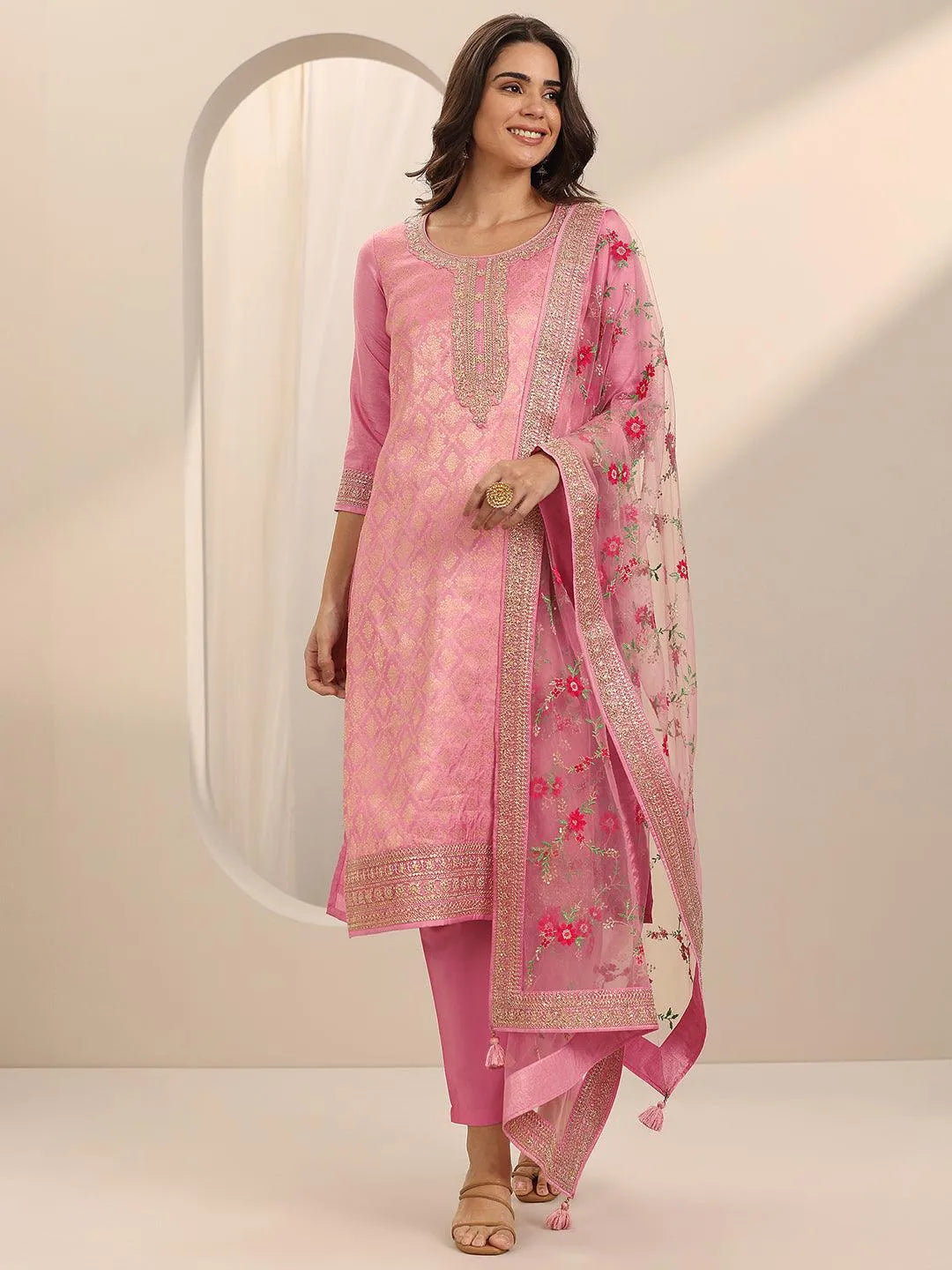  Pink Woven Design Silk Blend Straight Suit Set With Dupatta 