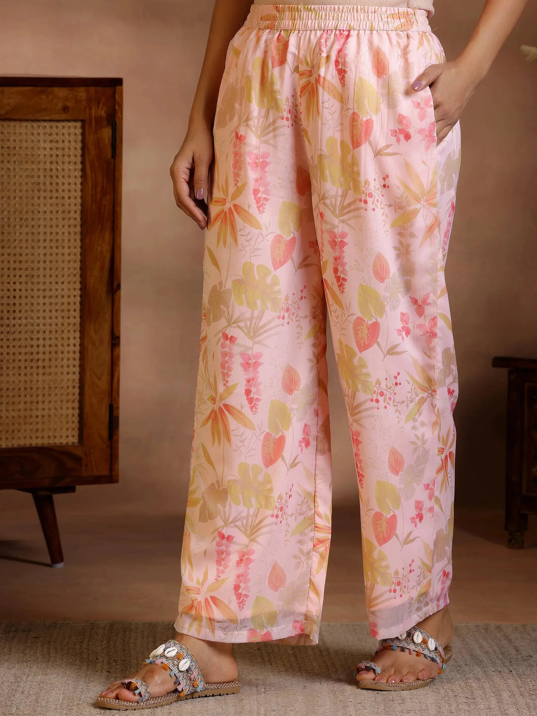  Pink Printed Poly Chiffon A-Line Kurta With Palazzos & Dupatta 