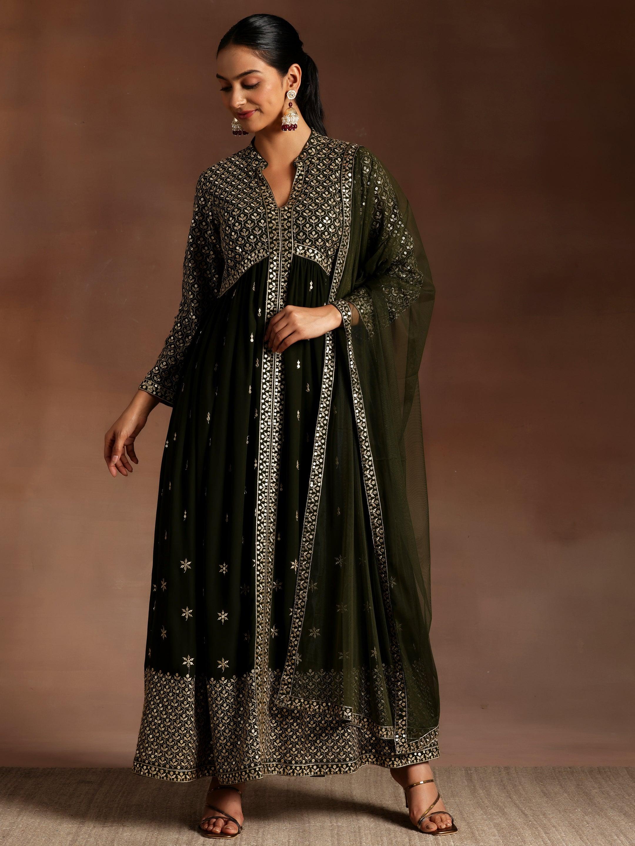 Olive Embroidered Georgette A-Line Kurta With Trousers & Dupatta