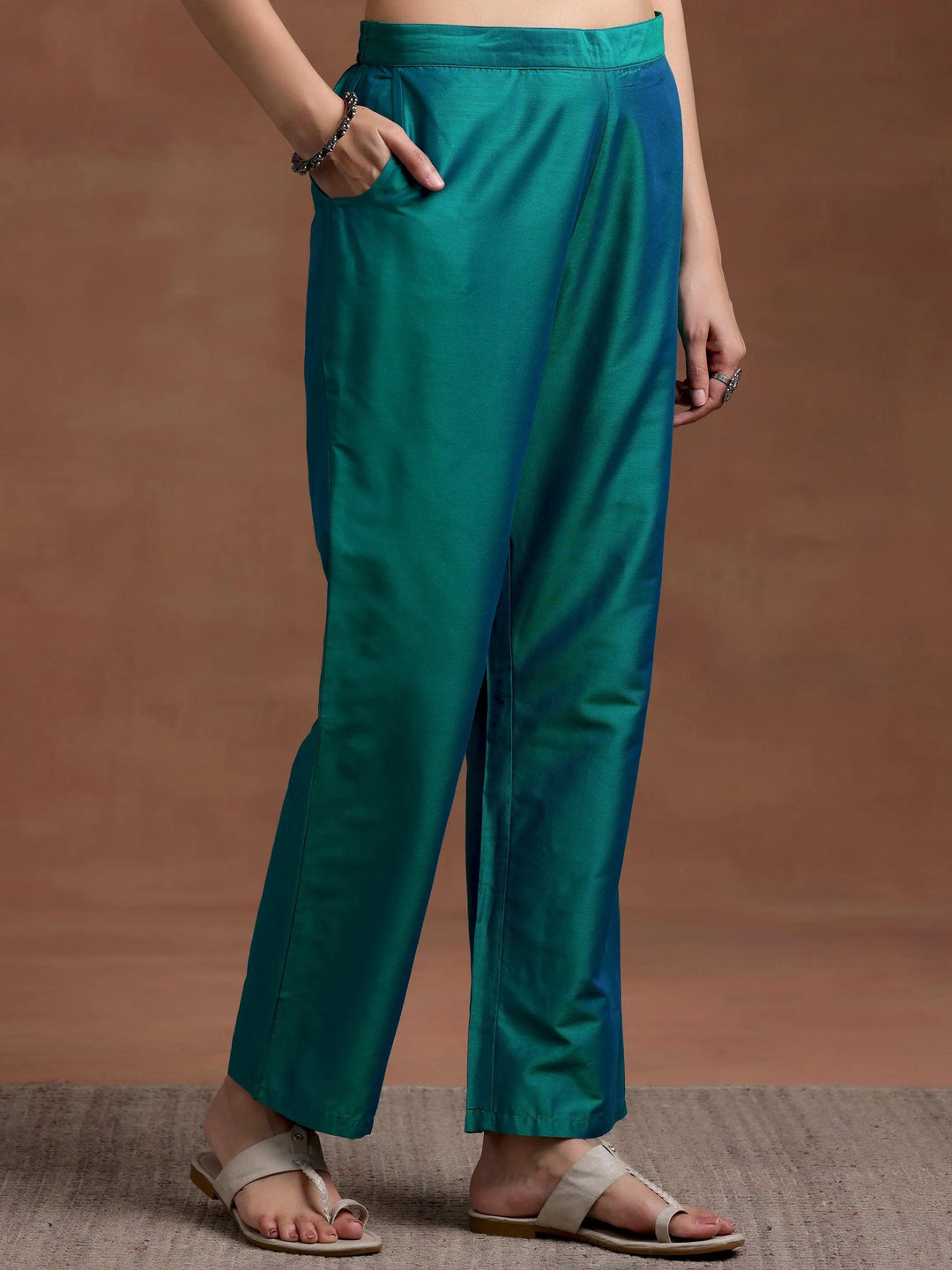 Teal Blue Solid Silk Blend A-Line Kurta With Trousers - Libas 