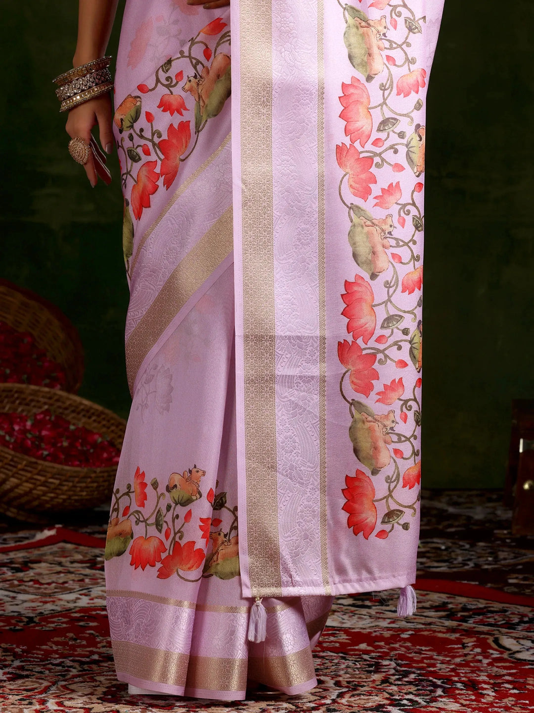  Lavender Printed Silk Blend Saree With Unstitched Blouse Piece 