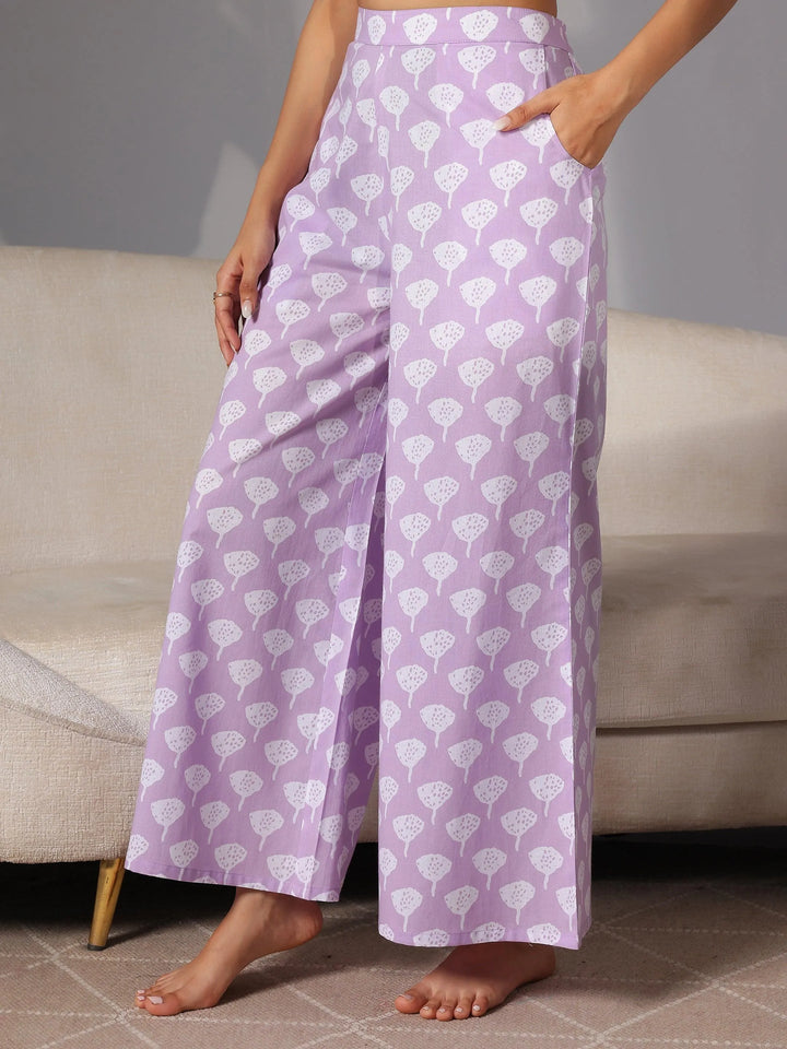 Lavender Printed Cotton Night Suits - Libas