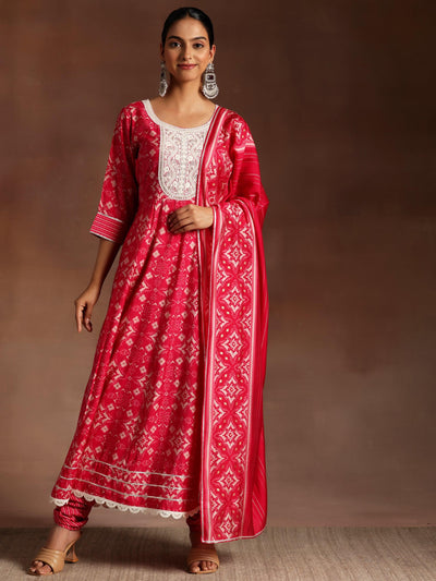 Pink Printed Silk Blend Anarkali Suit With Dupatta - Libas