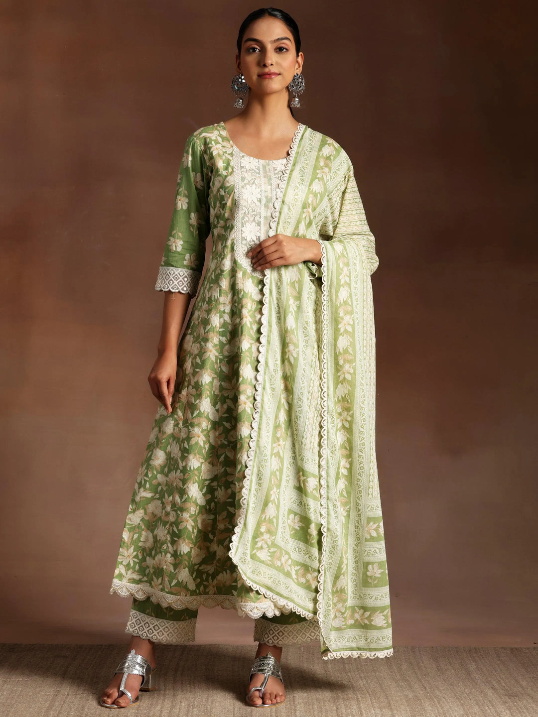 Green Printed Cotton A-Line Kurta With Trousers & Dupatta - Libas 
