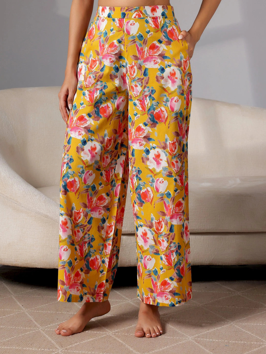 Mustard Printed Cotton Night Suits - Libas 