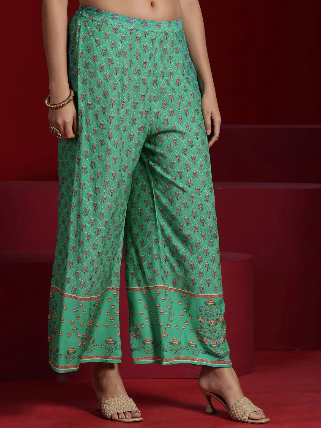  Libas Art Green Printed Silk Blend Straight Kaftan Kurta & Palazzos 