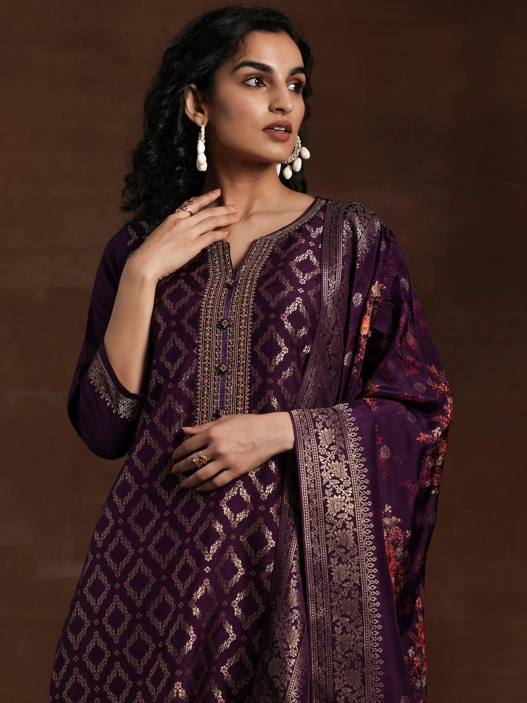 Purple Woven Design Silk Blend Straight Suit With Dupatta - Libas