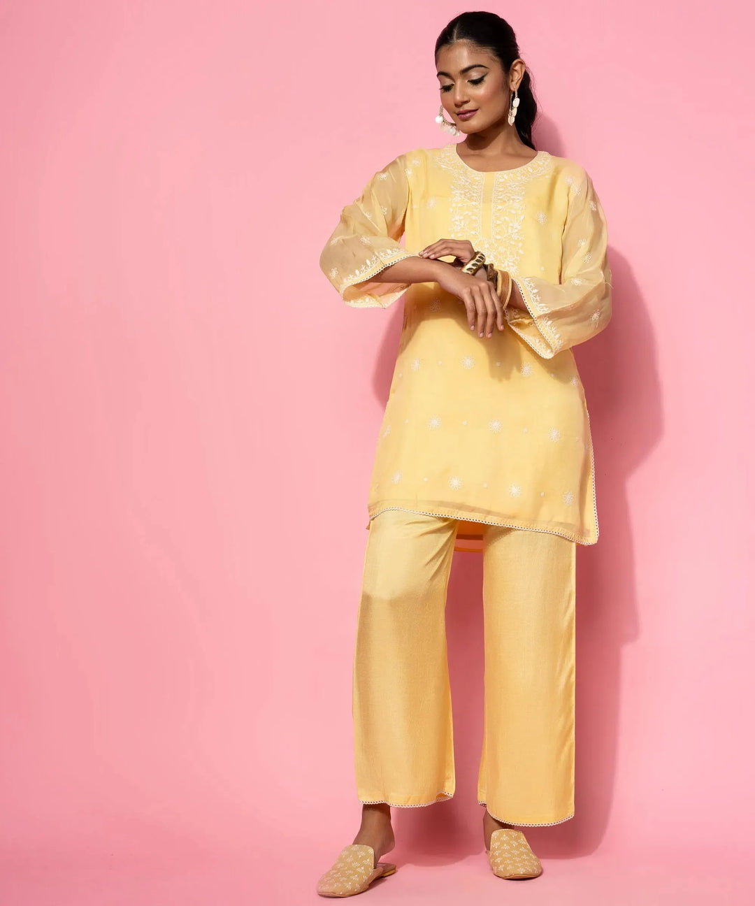  Yellow Embroidered Silk Blend Co-Ords 