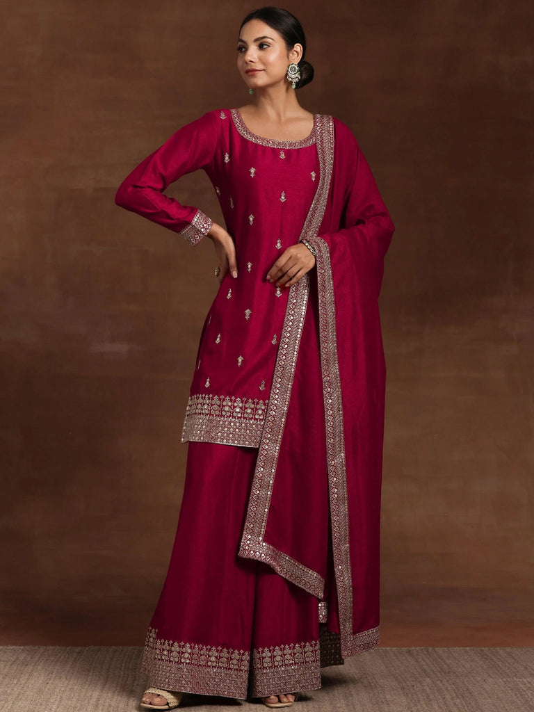 Libas Pink Embroidered Silk Blend Straight Suit With Dupatta