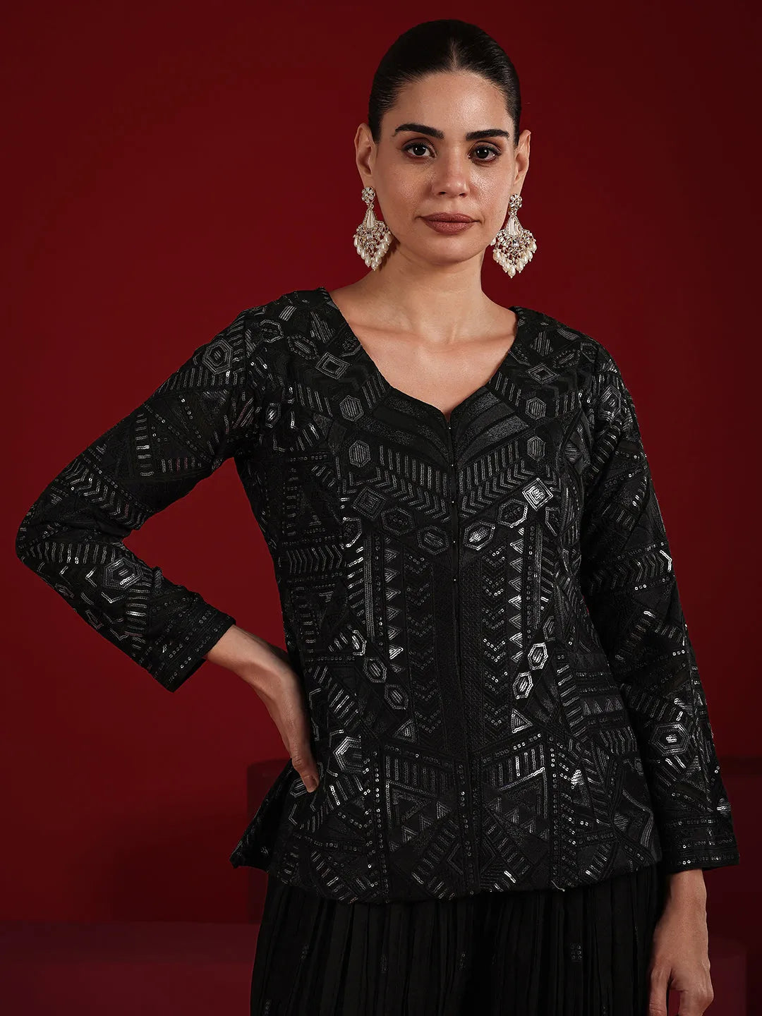  Libas Art Black Embroidered Georgette A-Line Suit Set With Dupatta 
