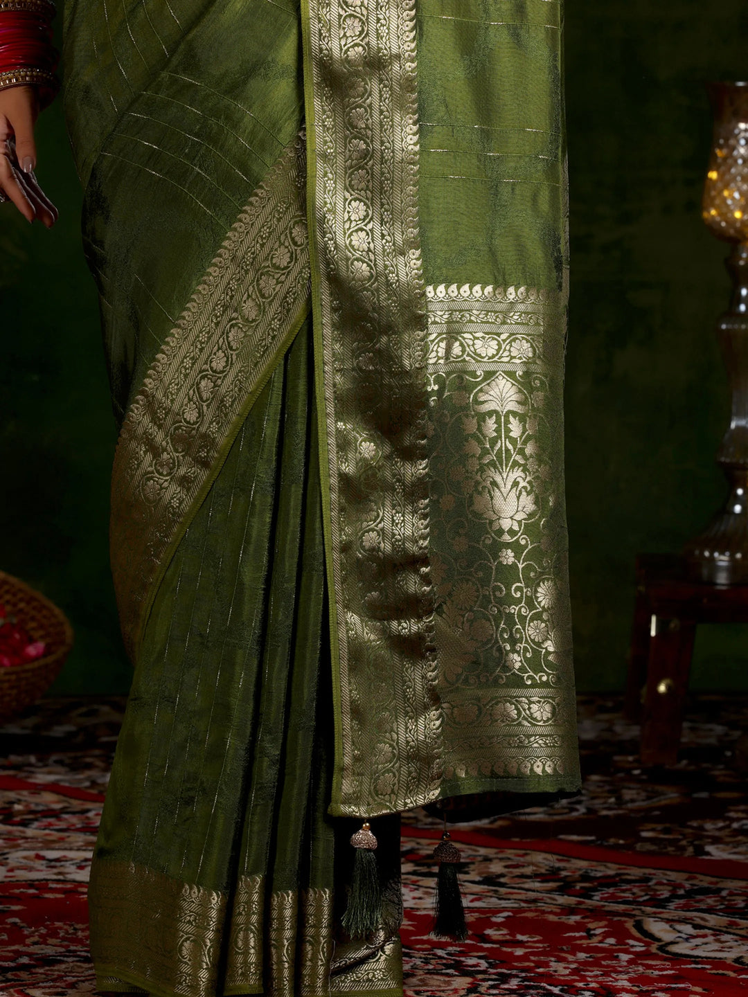 Olive Green Woven Design Silk Blend Saree With Unstitched Blouse Piece 