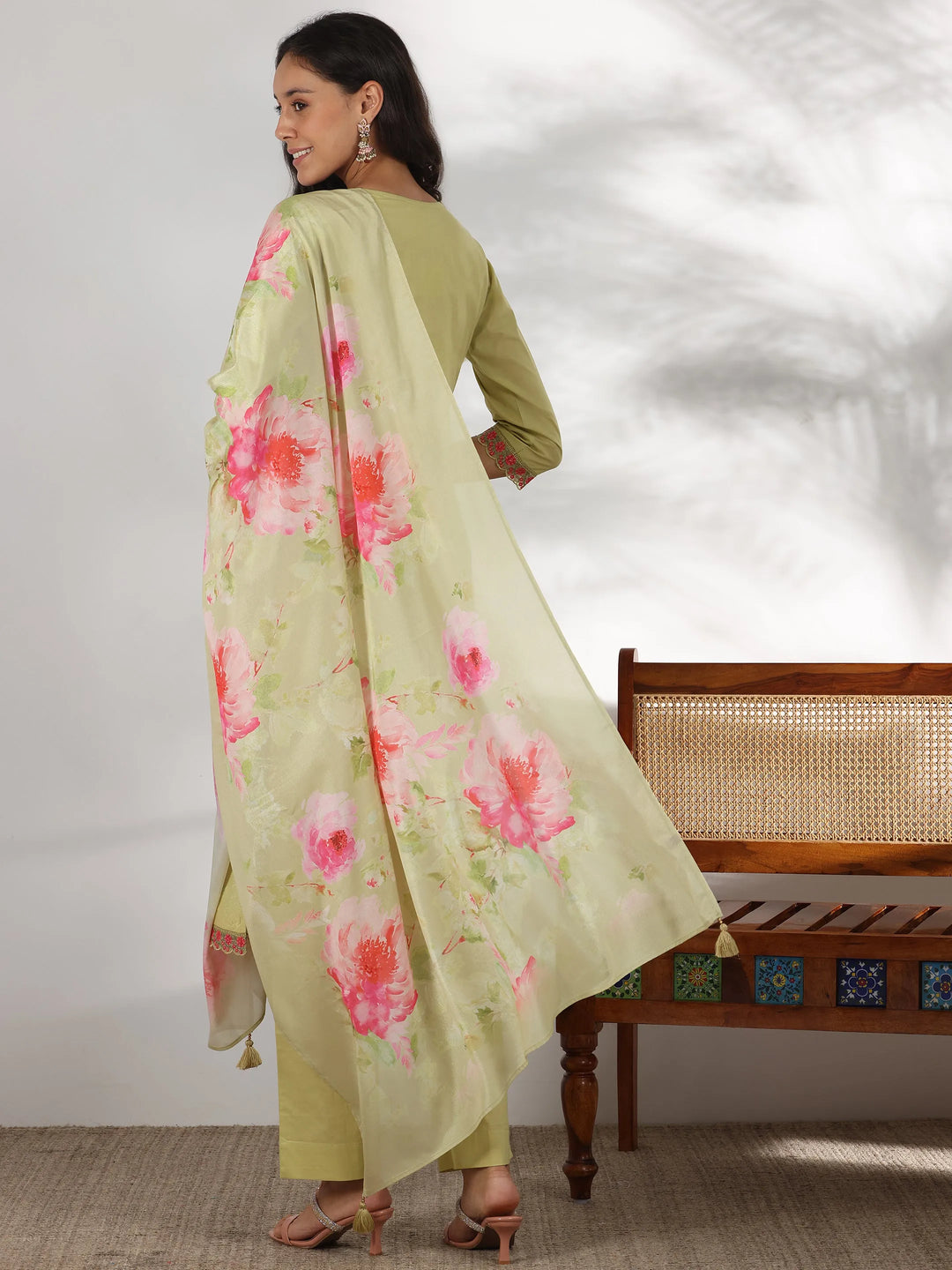  Green Embroidered Cotton Straight Suit With Dupatta 