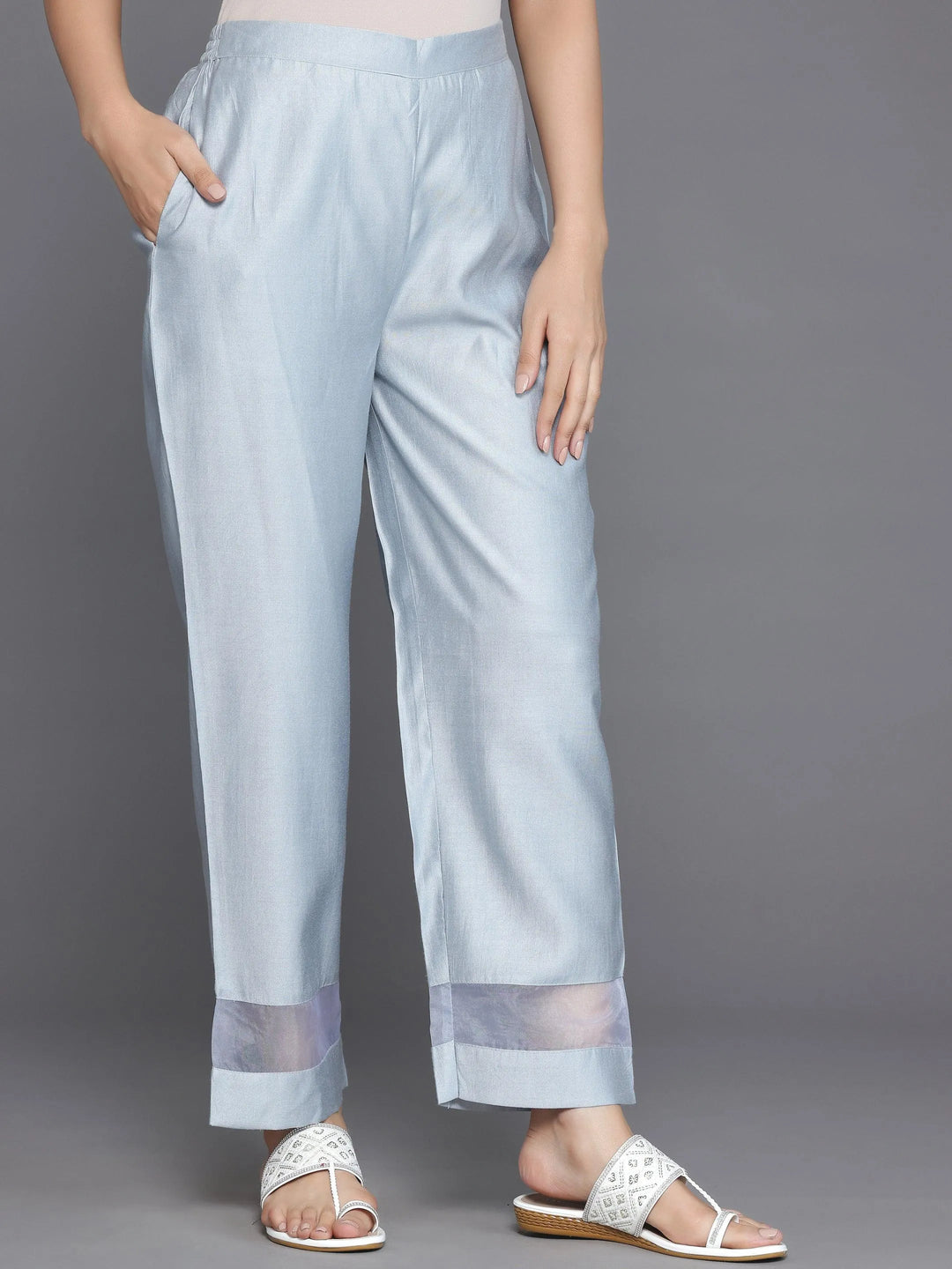 Grey Solid Silk Blend Straight Suit With Dupatta - Libas 