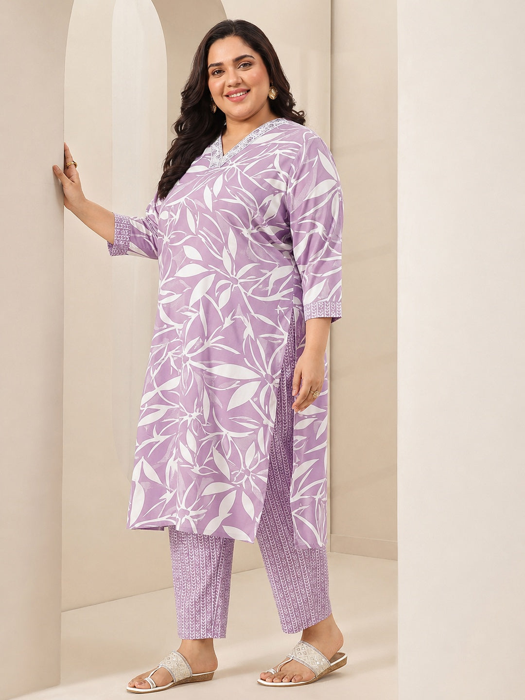  Plus Size Mauve Floral Printed Cotton Blend Straight Suit Set 