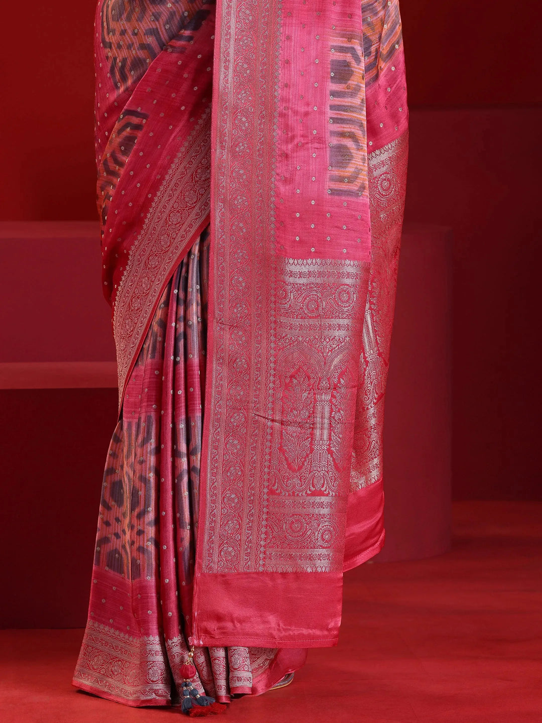  Libas Art Red Printed Satin Saree With Unstitched  Blouse Piece 