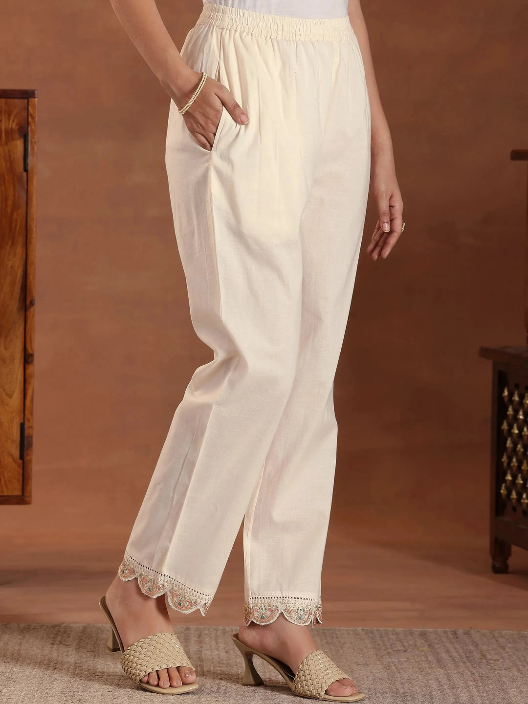  Peach Embroidered Pure Cotton A-line Kurta With Trouers & Dupatta 