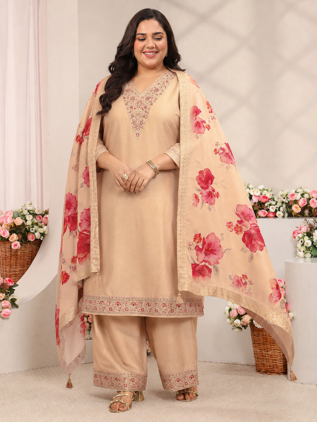 libas Plus Size Beige Floral Embroidered Silk Blend Straight Suit Set-picture-25