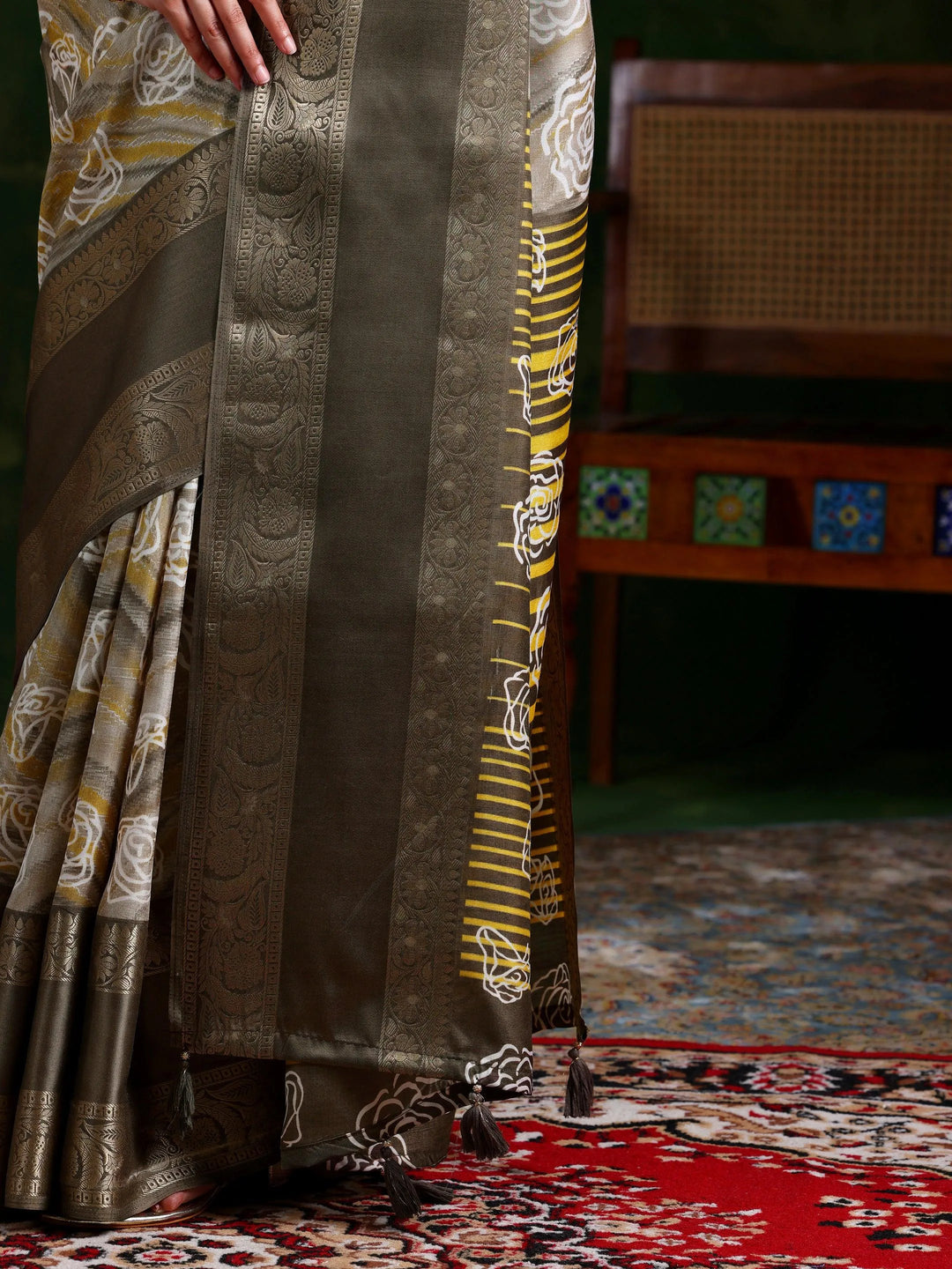 Taupe Printed Silk Blend Saree With Unstitched Blouse Piece - Libas 