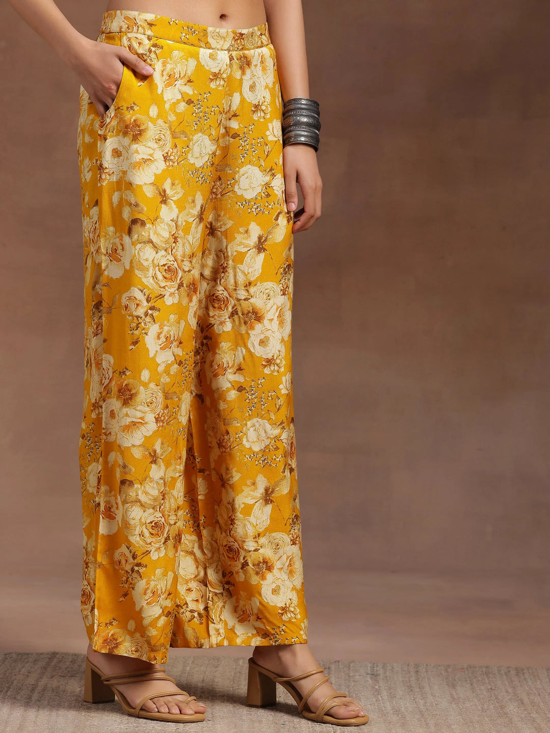  Yellow Printed Silk Blend A-Line Kurta With Palazzos & Dupatta 