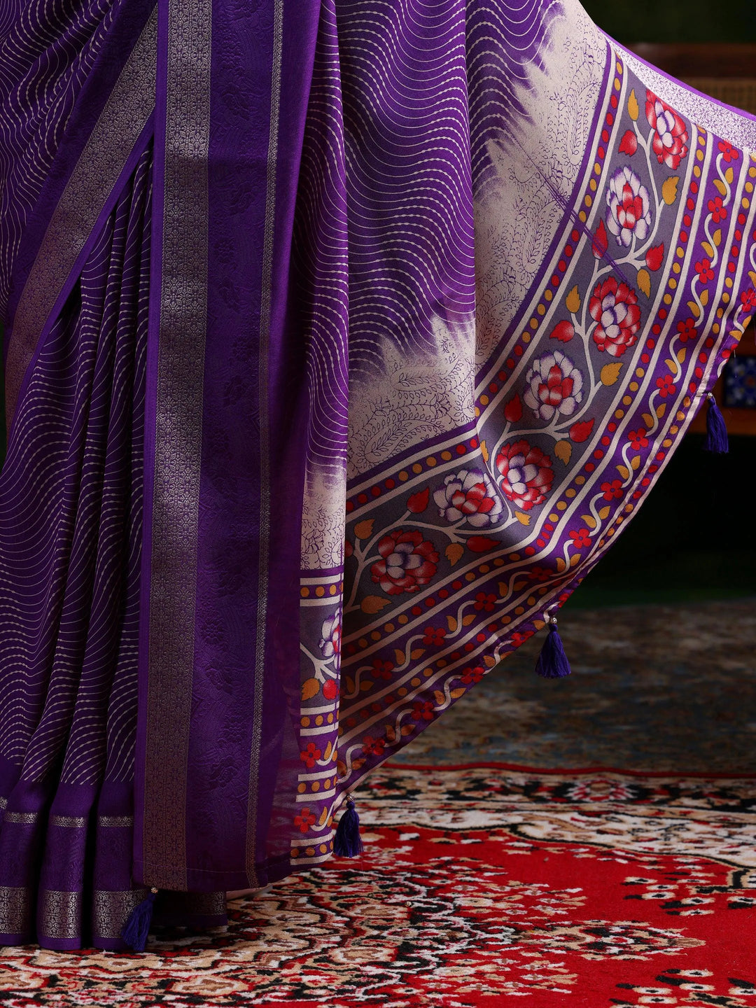 Purple Printed Silk Blend Saree With Unstitched Blouse Piece - Libas 