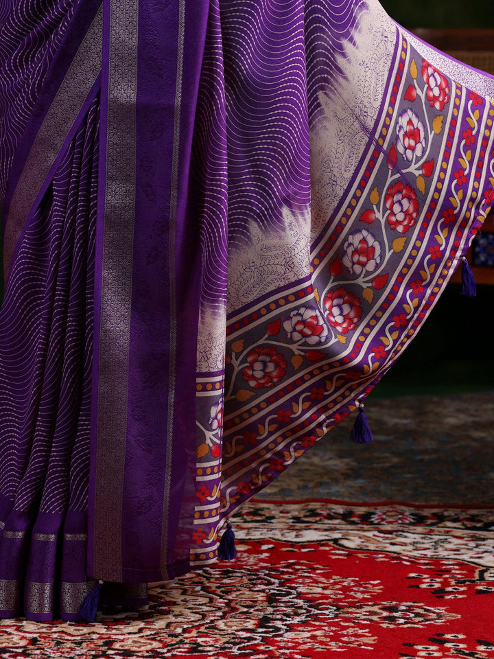 Purple Printed Silk Blend Saree With Unstitched Blouse Piece - Libas