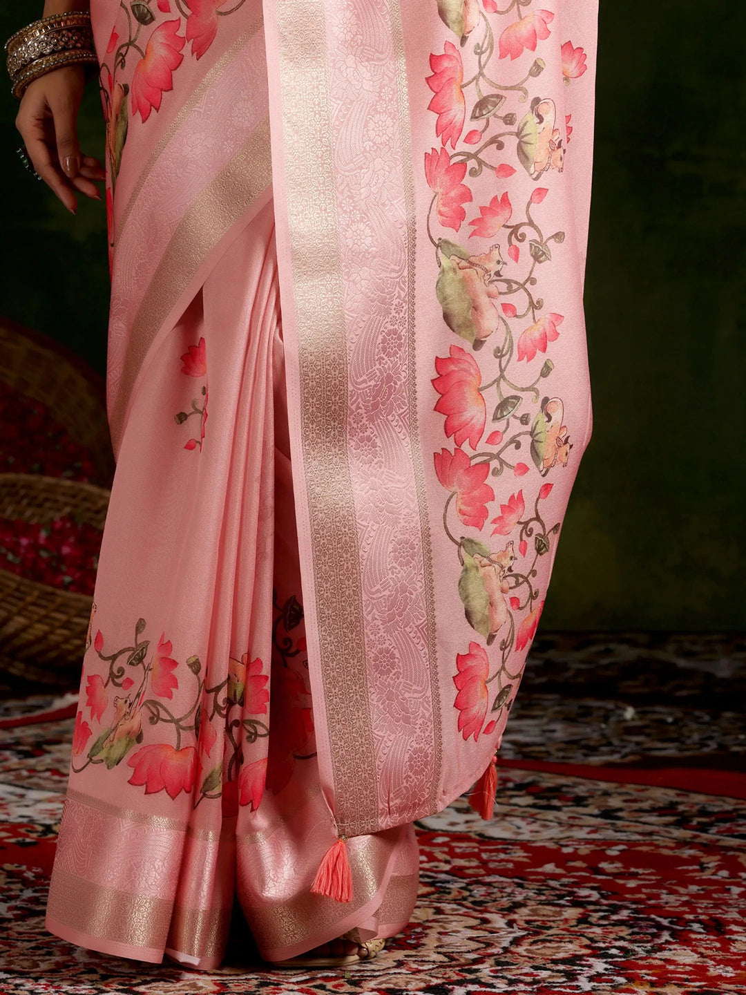  Peach Printed Silk Blend Saree With Unstitched Blouse Piece 