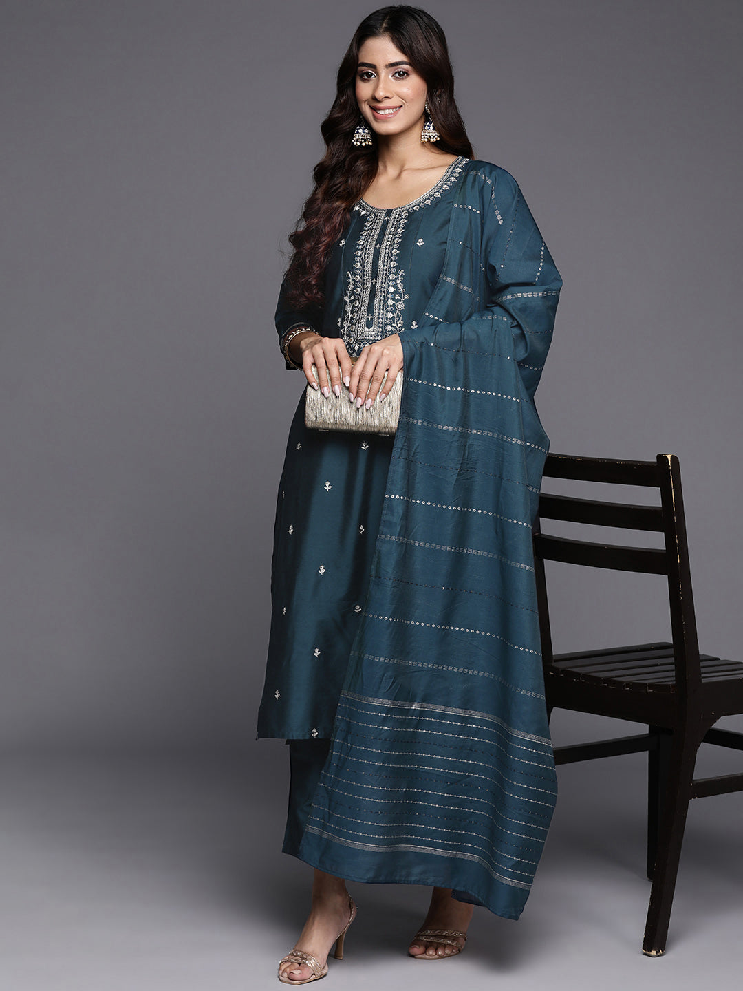 libas Blue Embroidered Silk Blend Straight Suit Set With Dupatta-picture-51