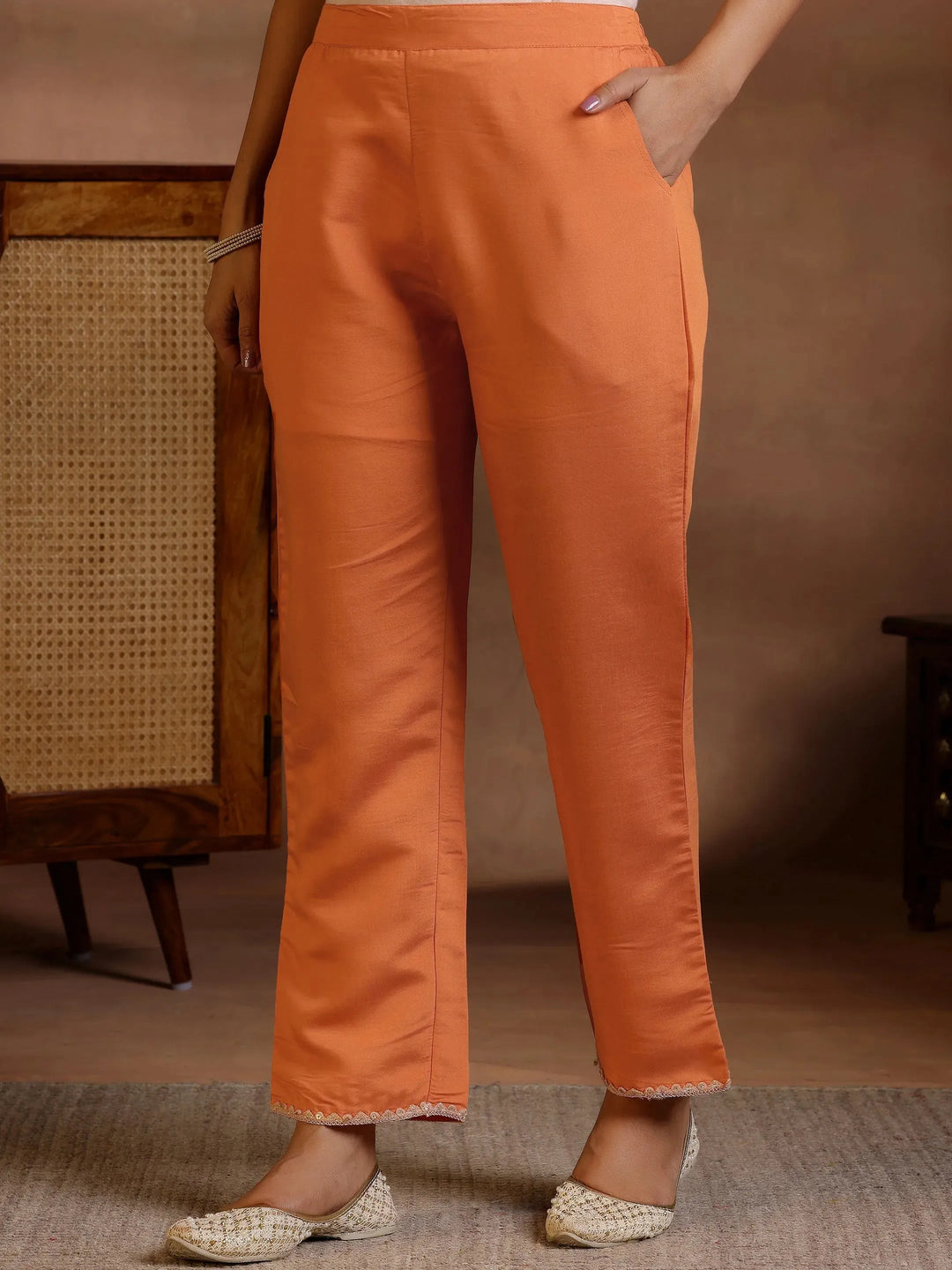  Rust Printed Silk Blend A-Line Kurta With Palazzos 