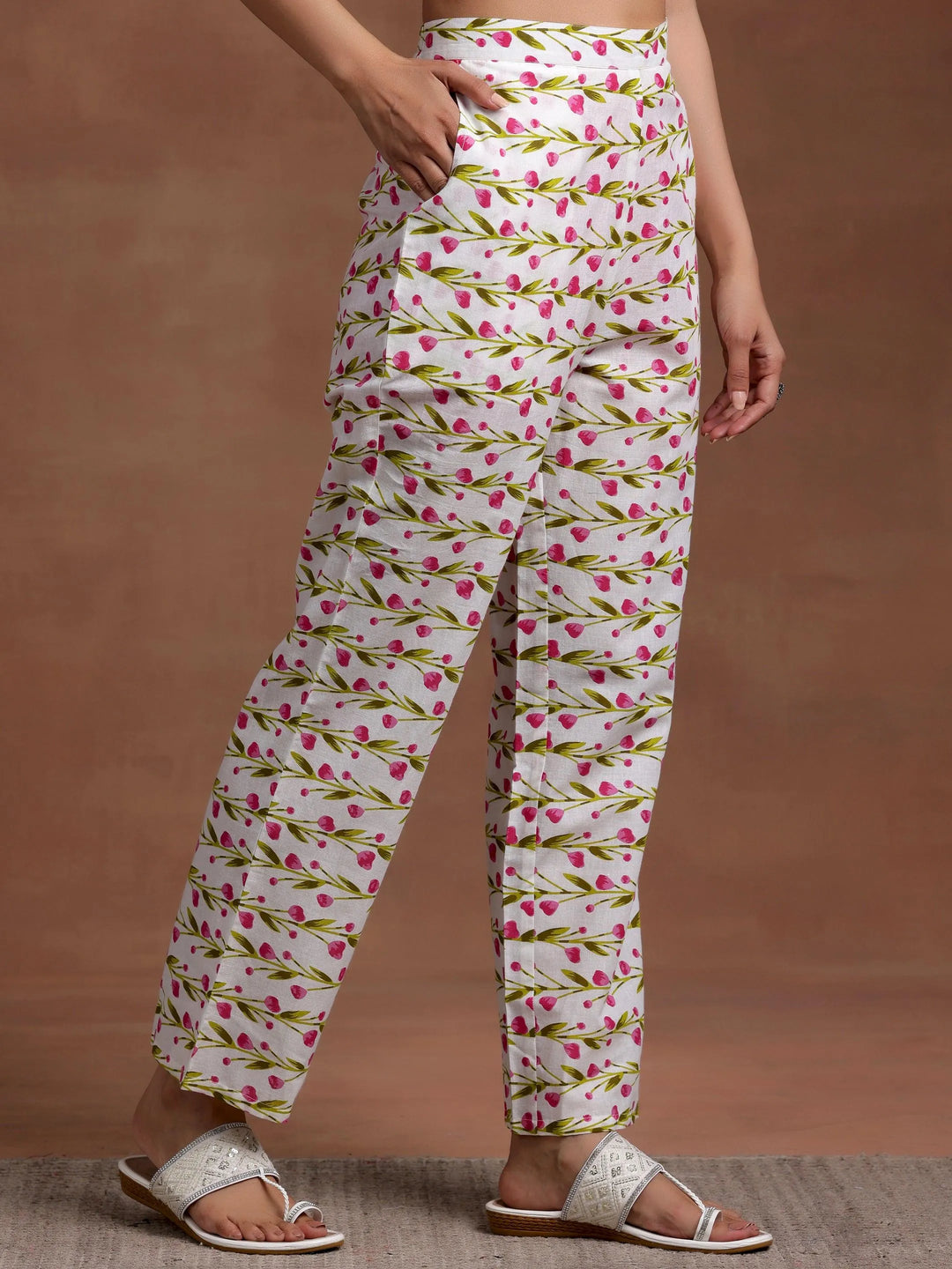Off White Printed Cotton A-Line Kurta With Palazzos & Dupatta - Libas 