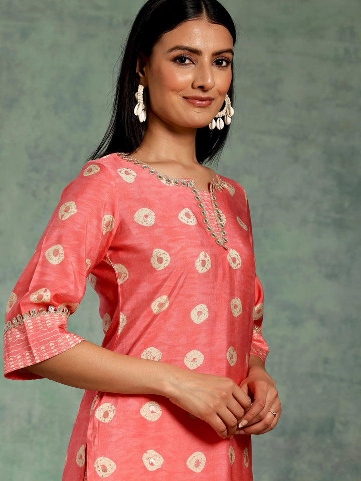 Peach Printed Silk Blend Straight Kurta Set - Libas