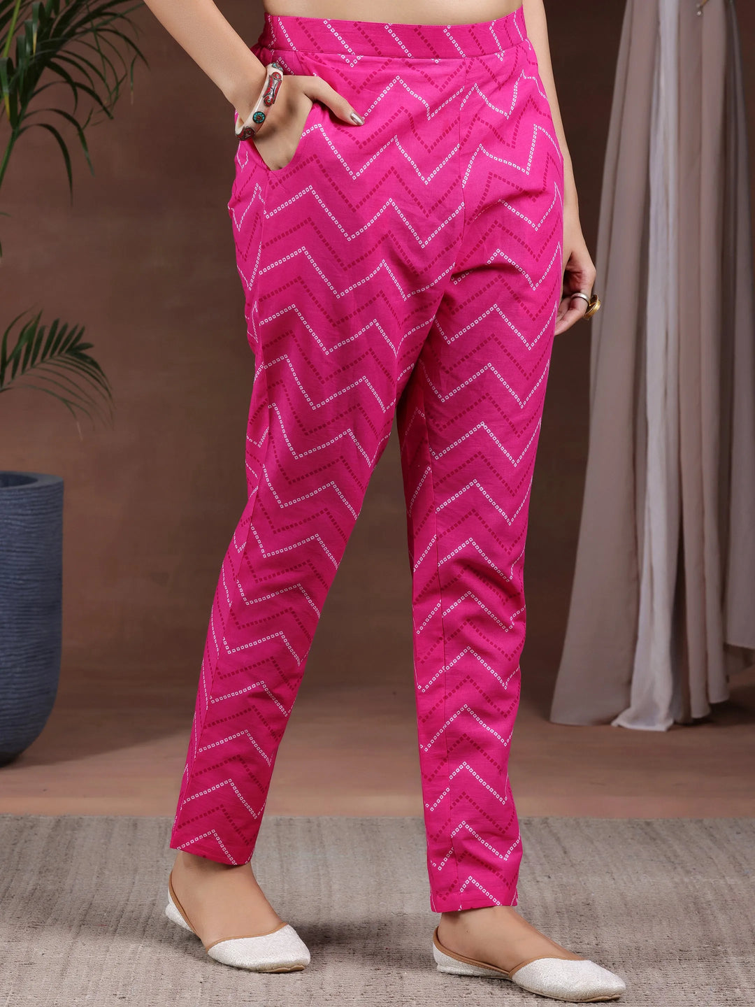  Pink Printed Cotton Anarkali Suit With Dupatta 