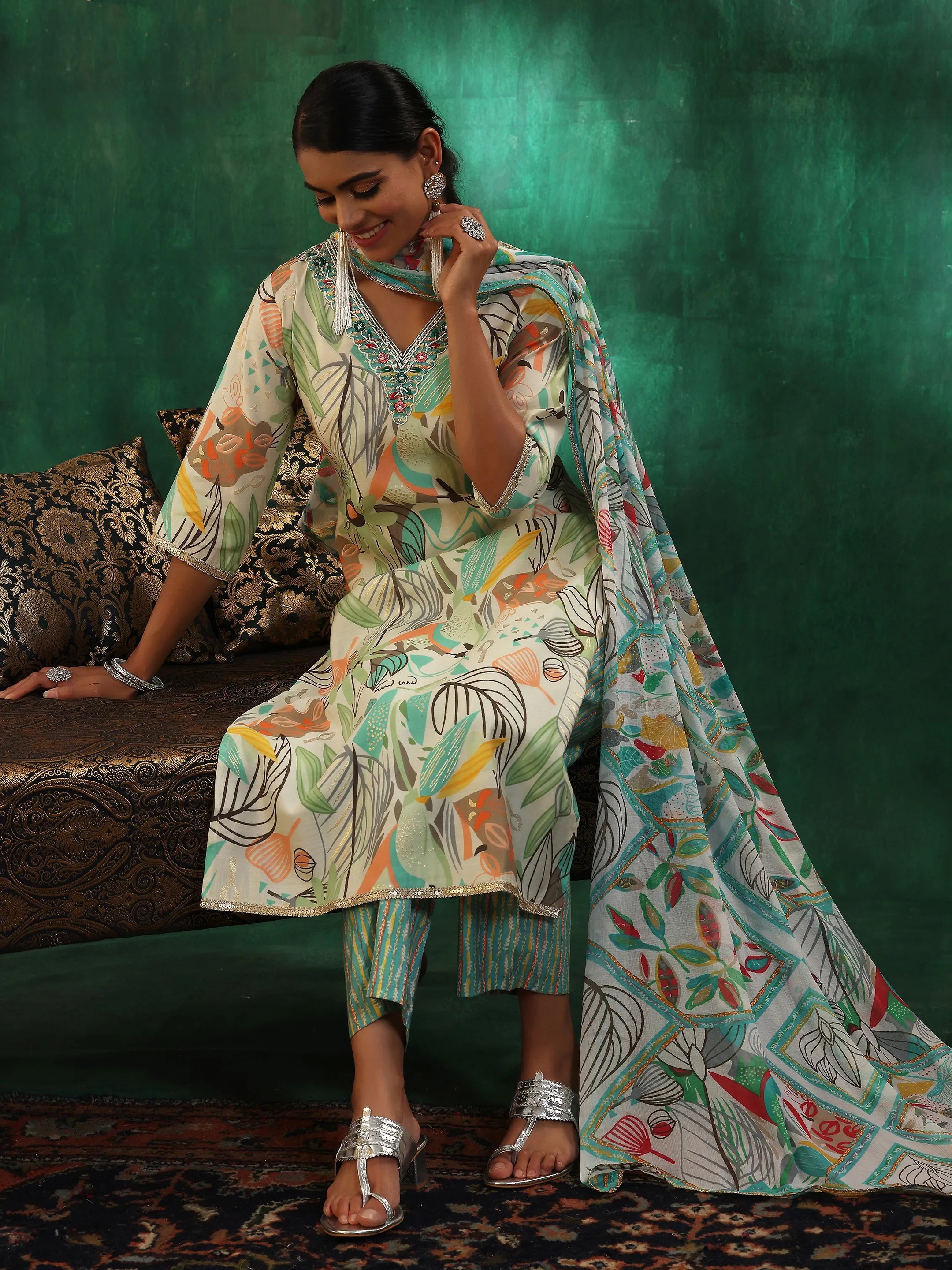 libas Off White Printed Silk Blend Straight Suit With Dupatta-picture-22