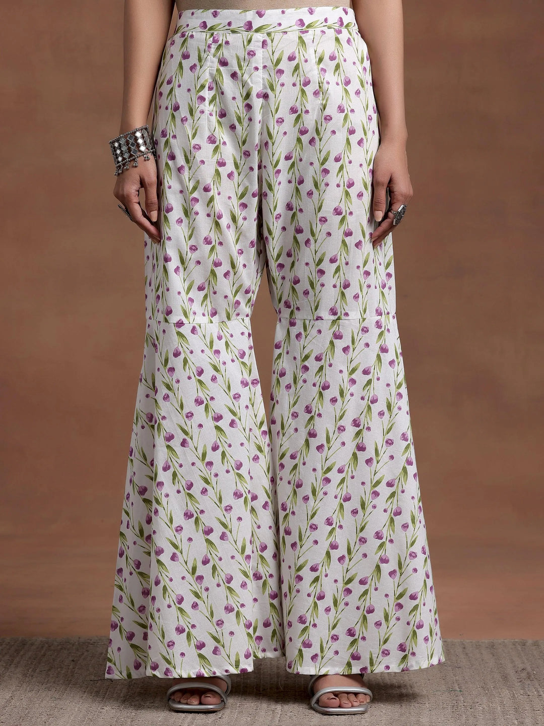 Off White Printed Cotton A-Line Kurta With Sharara & Dupatta - Libas 