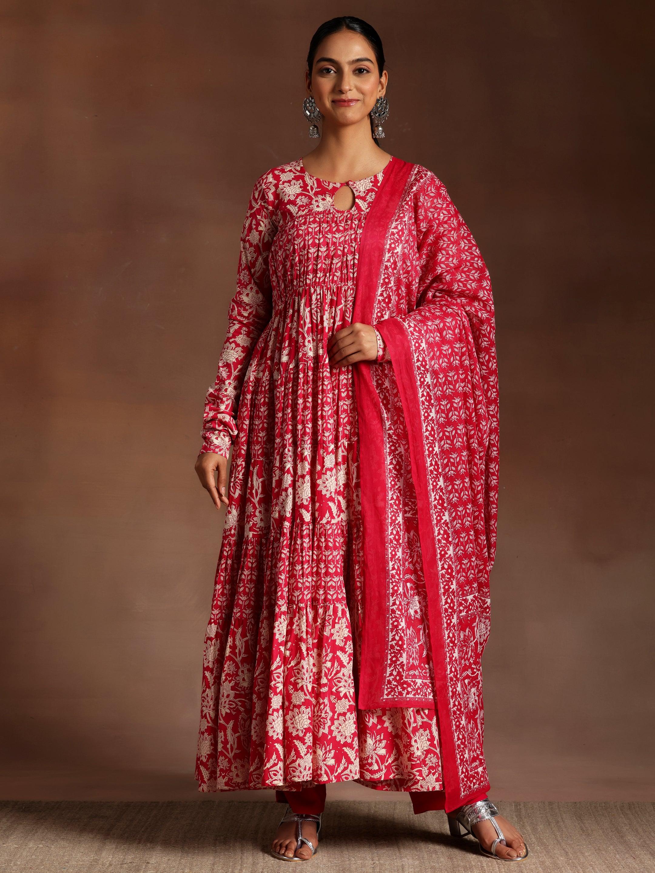 Kashish Pink Printed Cotton A-Line Kurta With Trousers & Dupatta