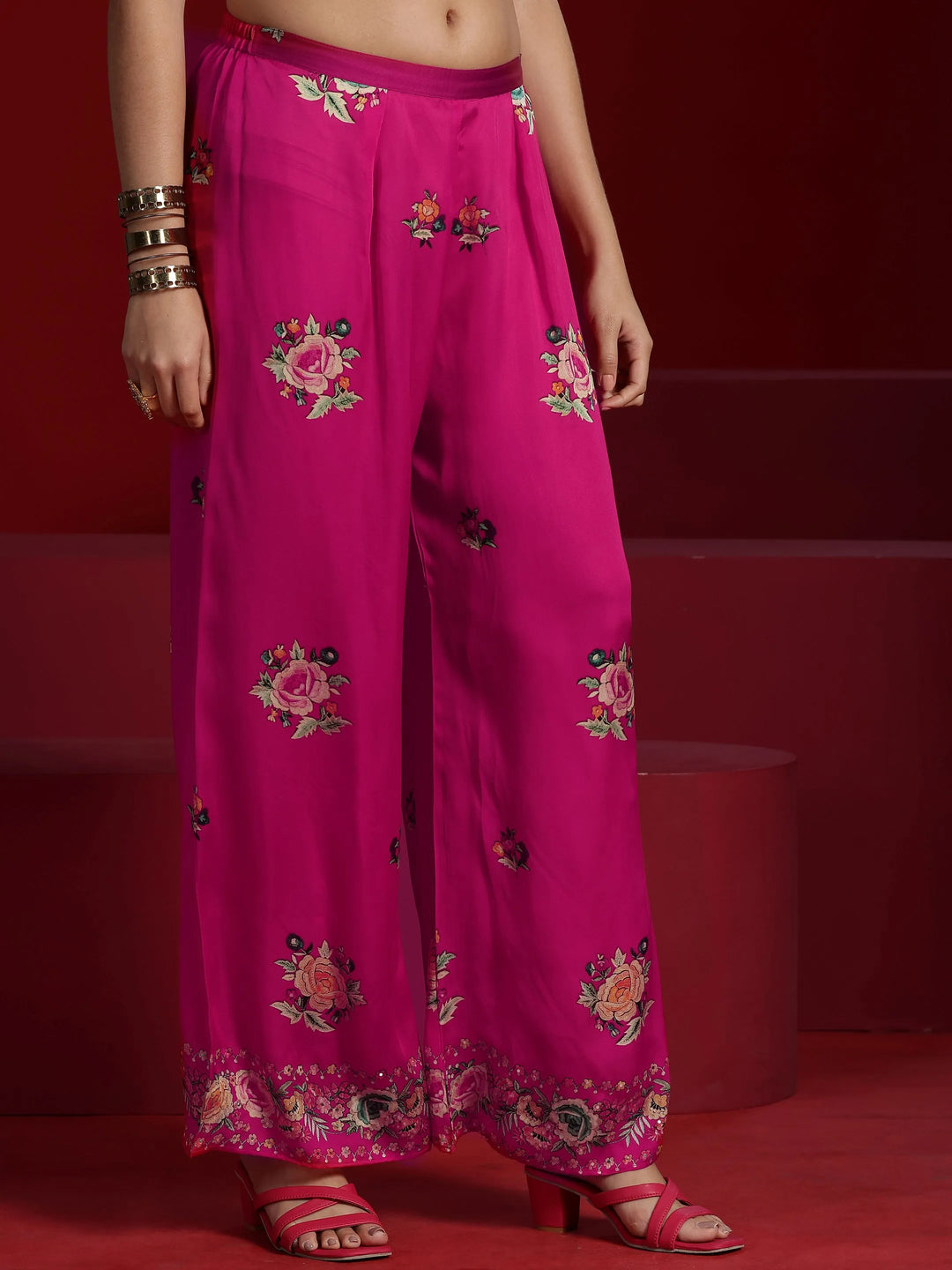  Libas Art Pink Printed Silk Blend Kaftan Kurta With Palazzo 