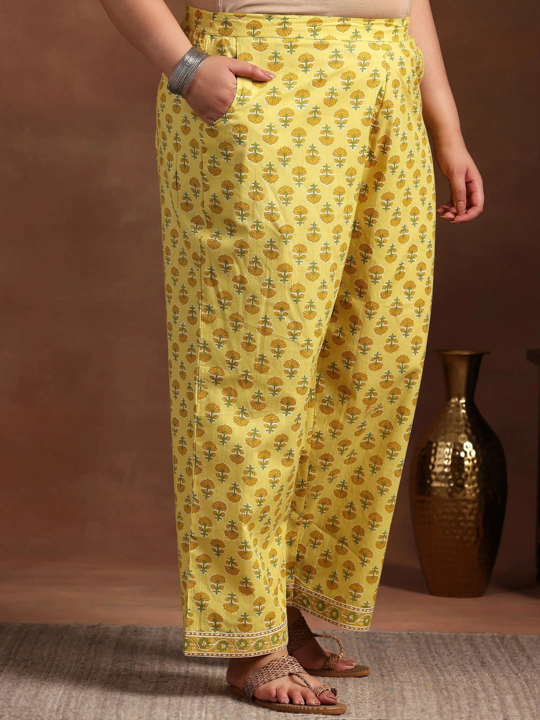  Plus Size Yellow Printed Cotton Straight Suit With Dupatta 
