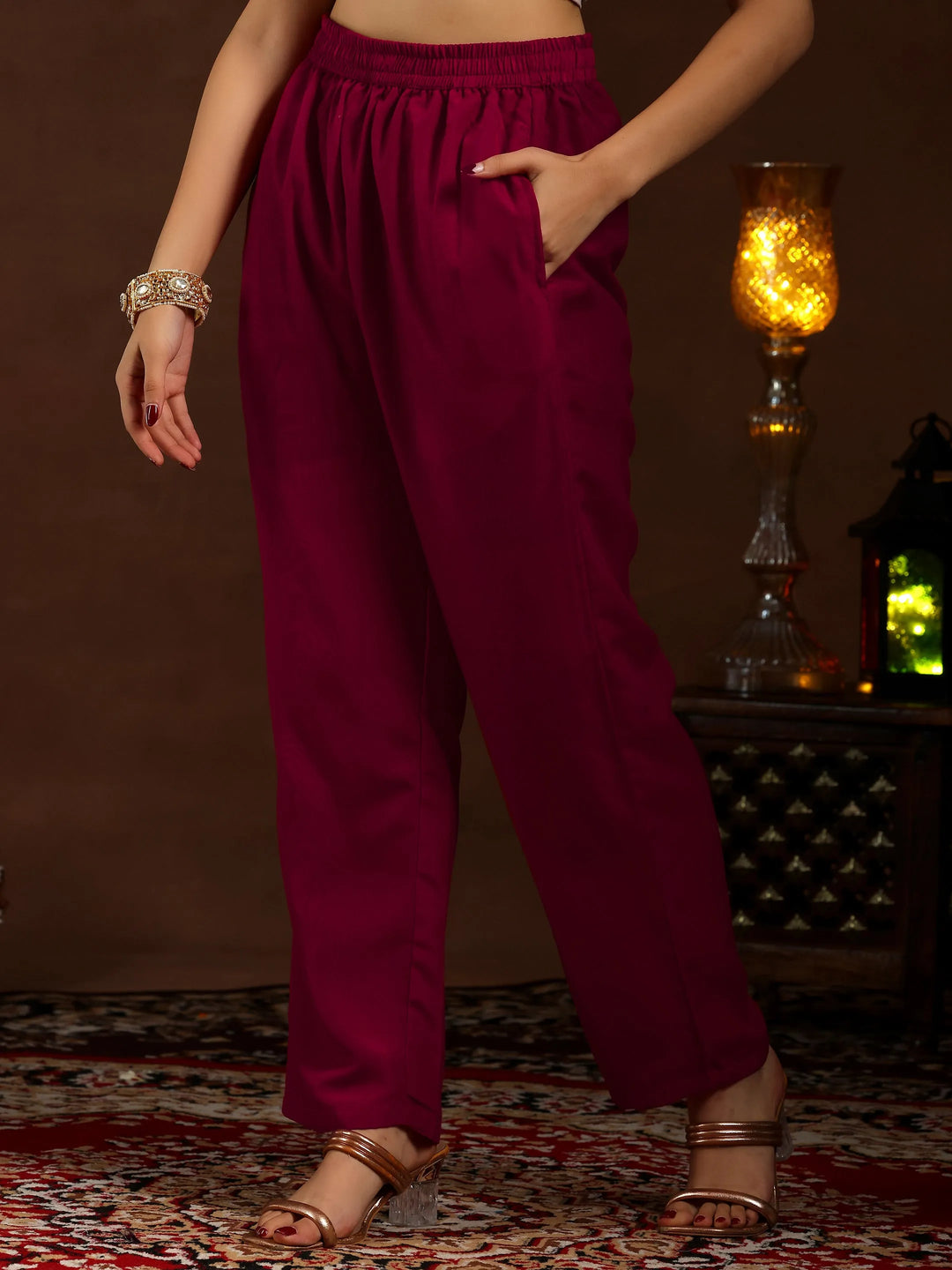  Red Embroidered Silk Blend Straight Suit With Dupatta 