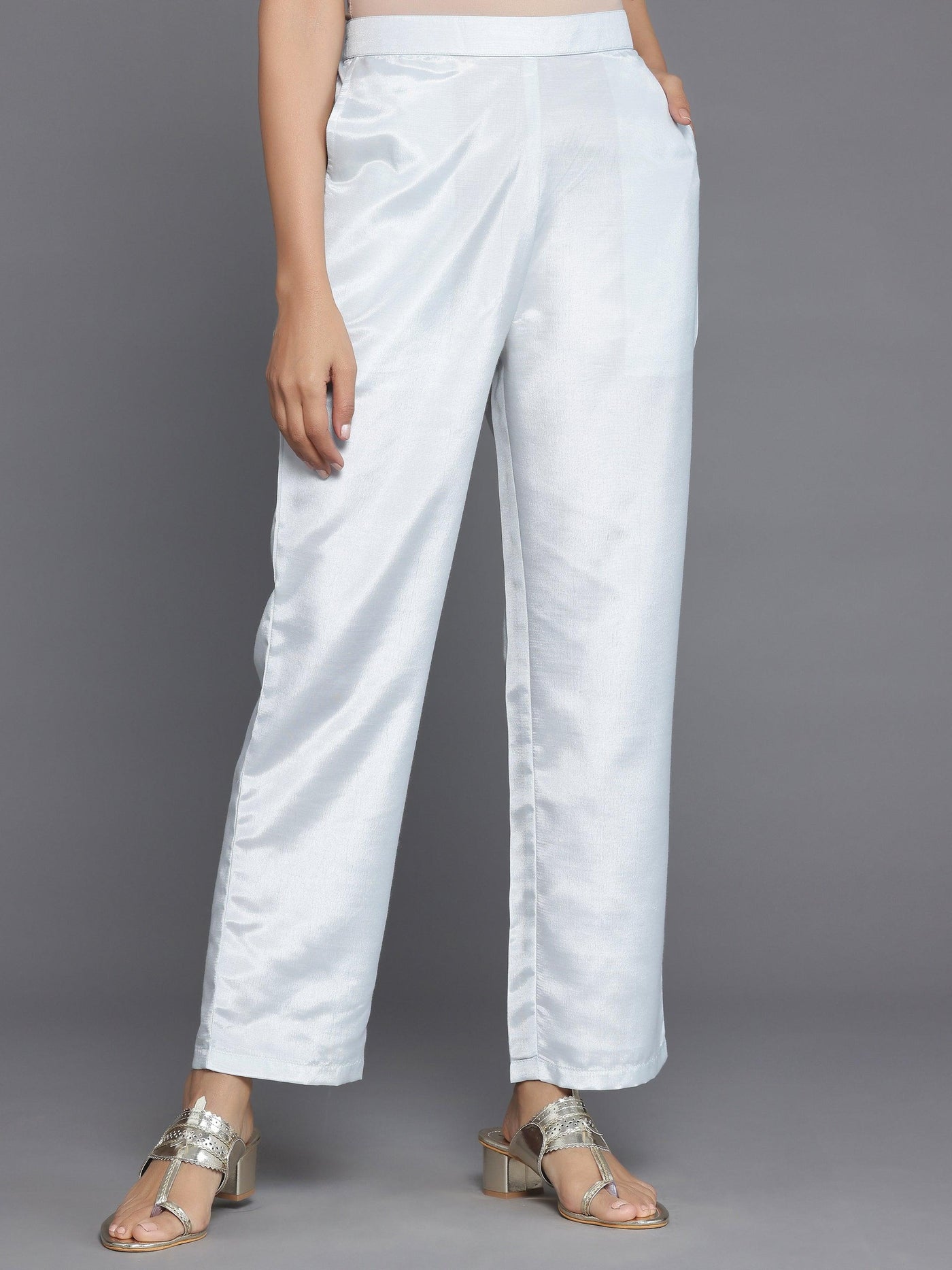 Grey Printed Silk Blend A-Line Kurta With Trousers - Libas