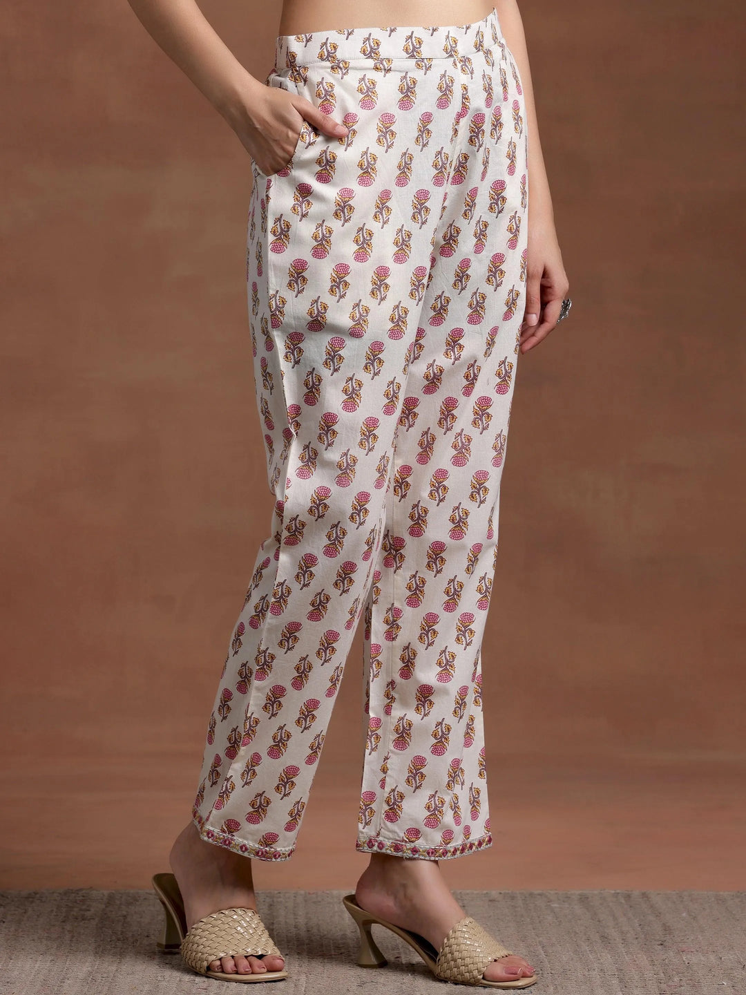 Off white Printed Cotton A-Line Kurta With Palazzos & Dupatta - Libas 