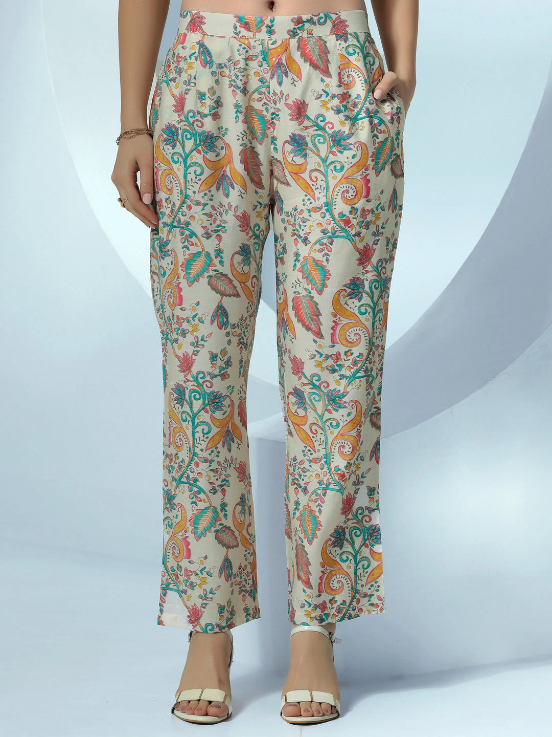  Off White Printed Silk Blend Co-Ords 