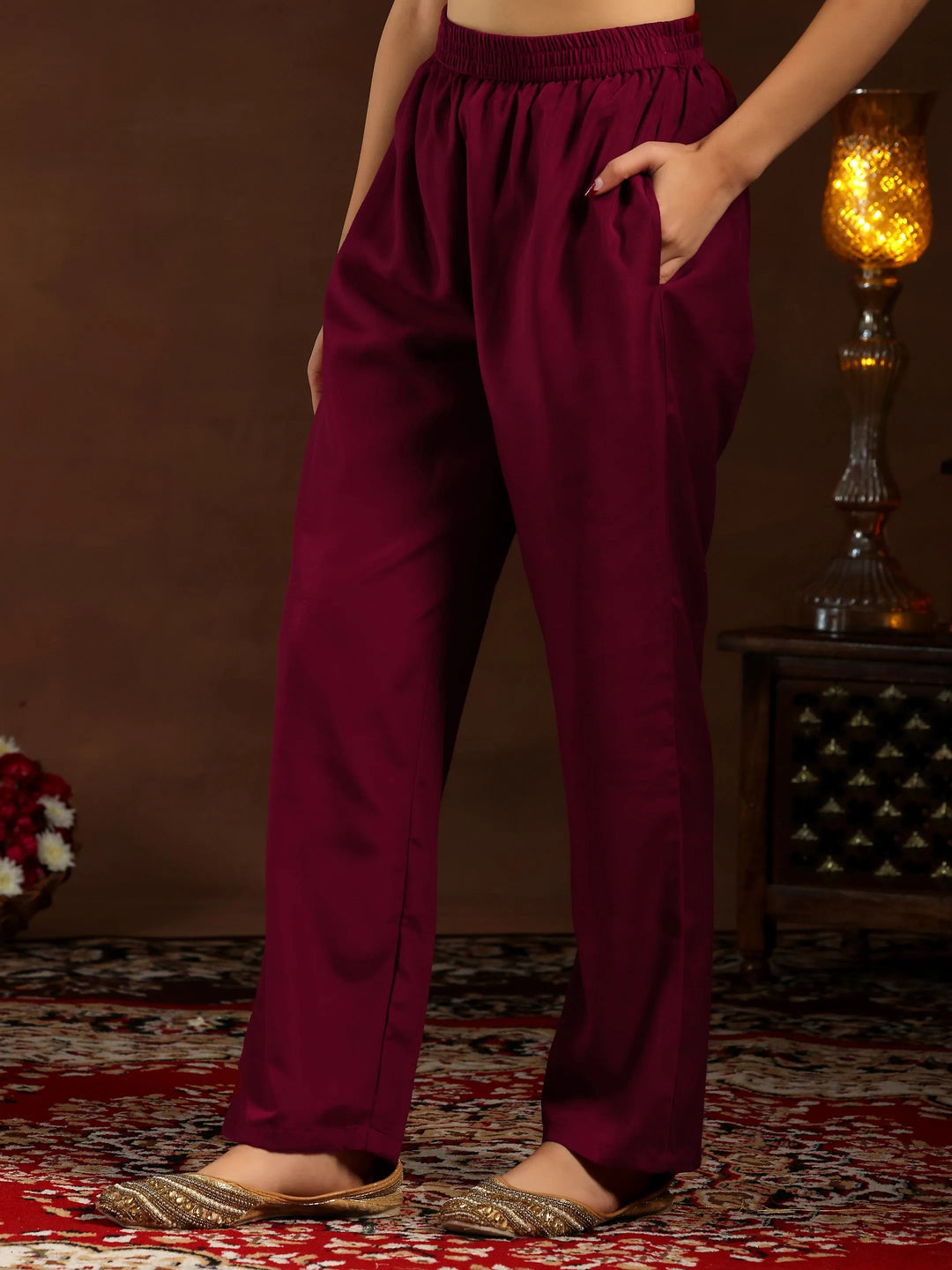  Maroon Embroidered Silk Blend Straight Suit With Dupatta 