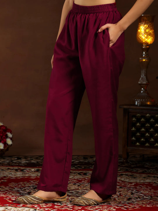 Maroon Embroidered Silk Blend Straight Suit Set With Trousers