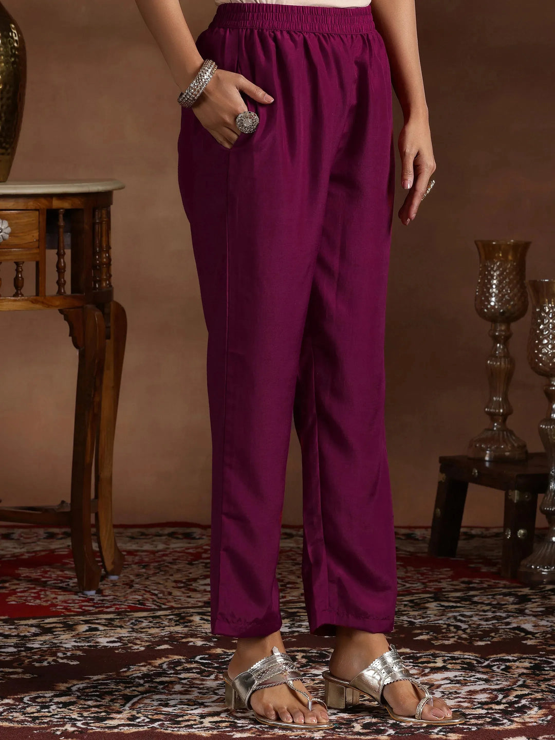  Wine Embroidered Silk Blend Straight Suit With Dupatta 