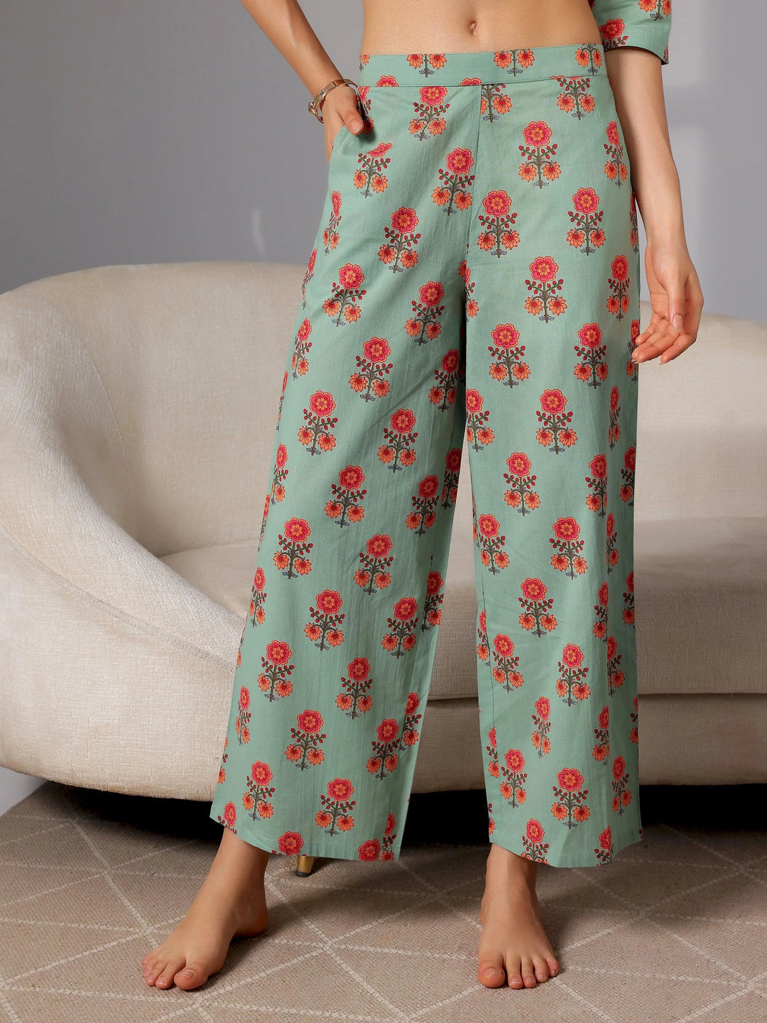 Green Printed Cotton Night Suits - Libas 