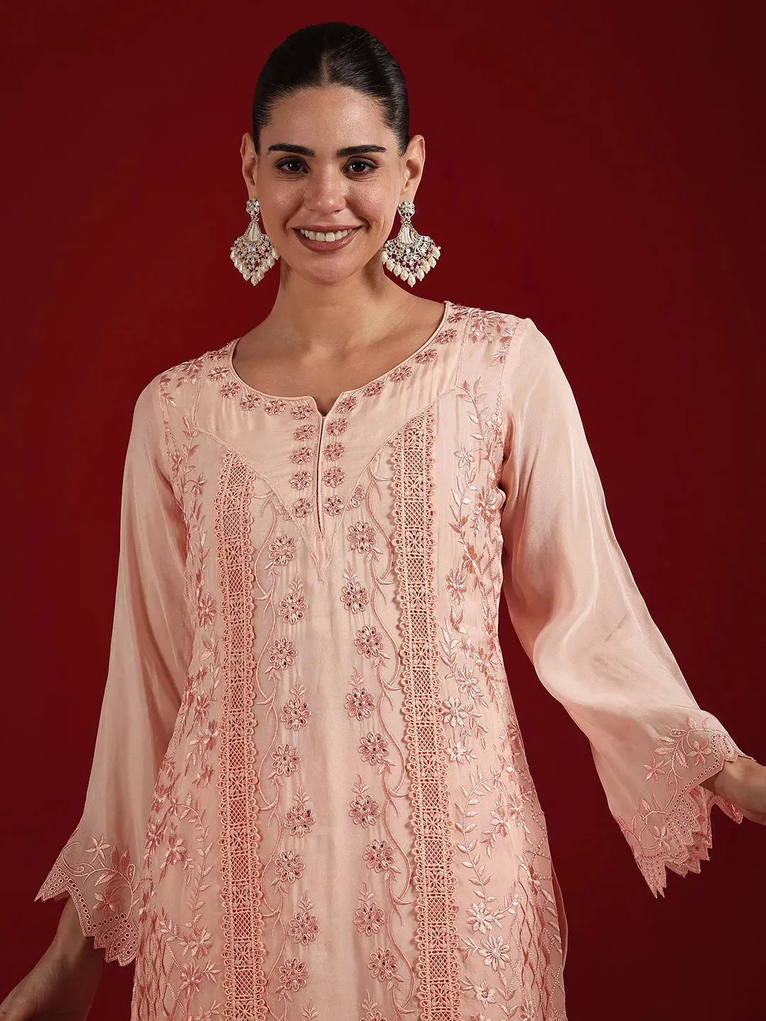  Libas Art Peach Embroidered Organza Straight Suit Set With Dupatta 