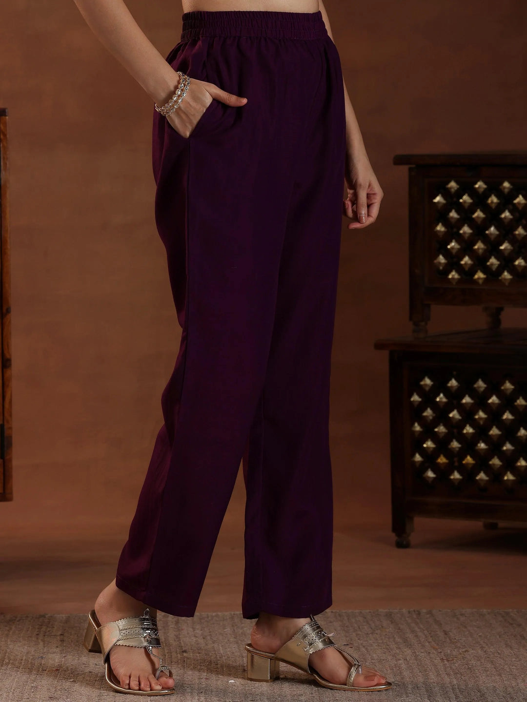 Wine Embroidered Silk Blend Straight Suit With Dupatta - Libas 