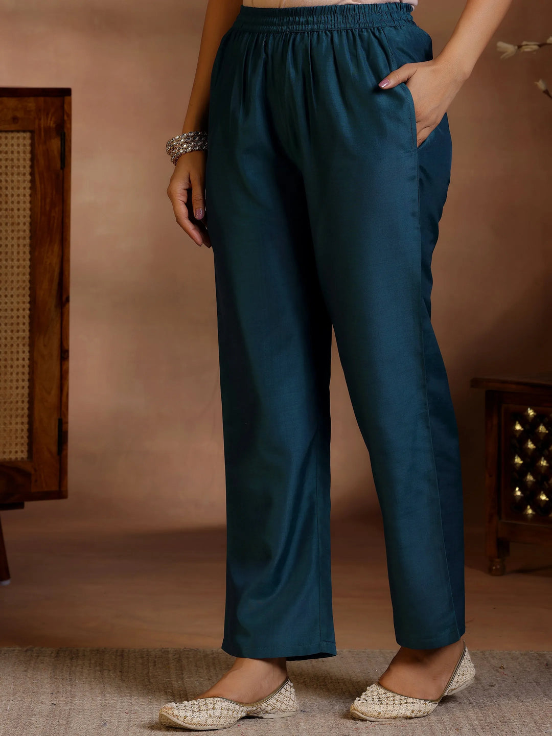  Teal Woven Design Silk Blend Straight Suit With Dupatta 